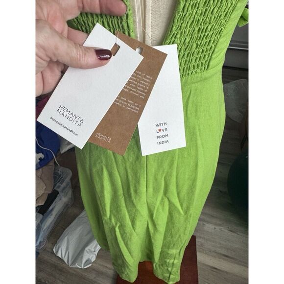 HEMANT AND NANDITA Linen Blend Cutout Midi Dress Green Size Large NWT - Picture 7 of 9